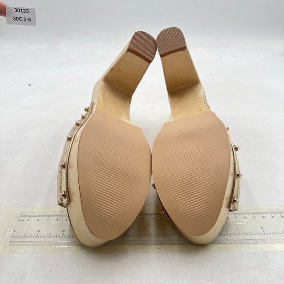 miss left Light Gold Platform Chunky High Heel Mules Open Toe Studded Sandals - Picture 7 of 8